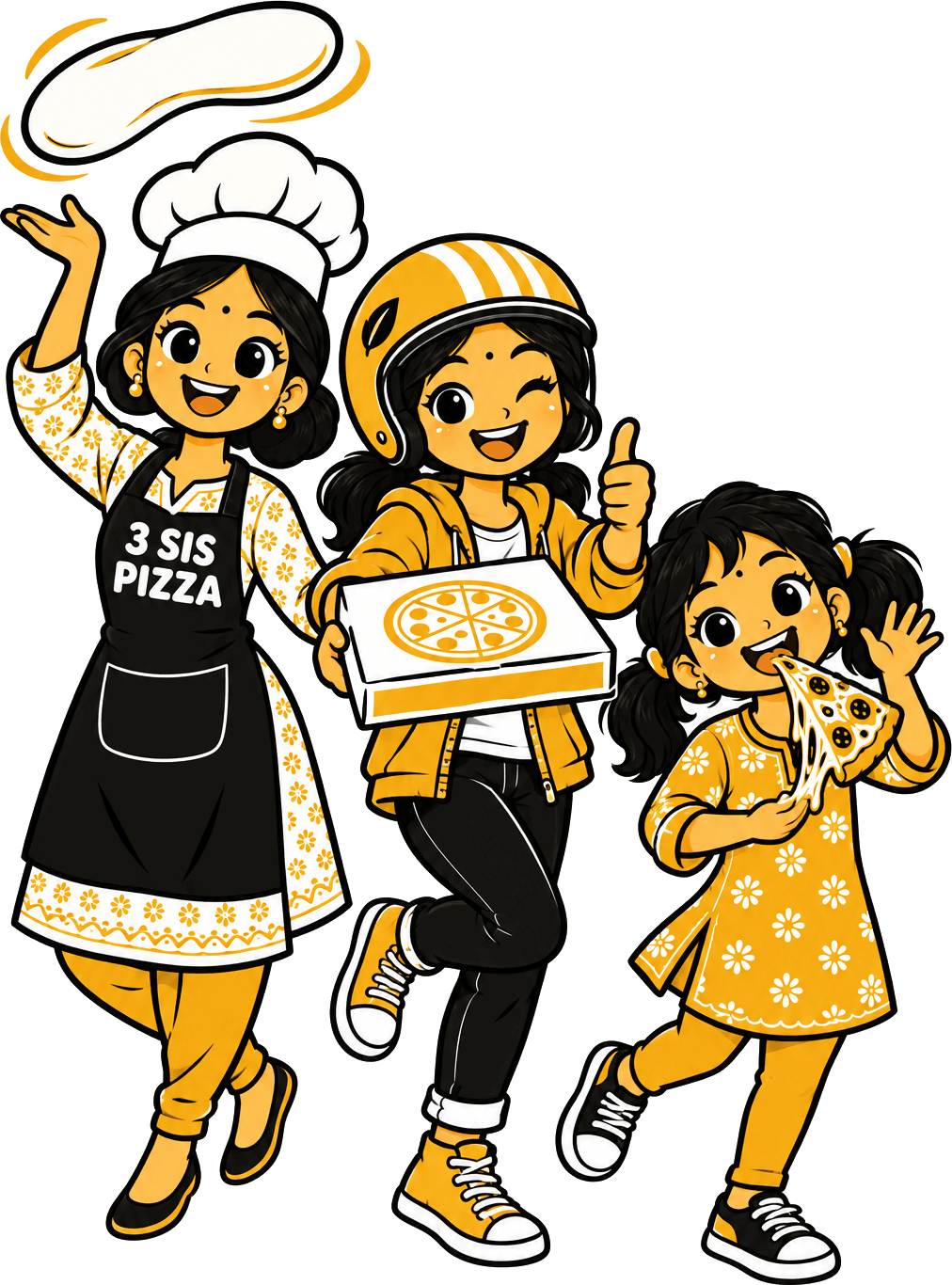 The three sisters of 3SIS Pizza holding a fresh pizza
